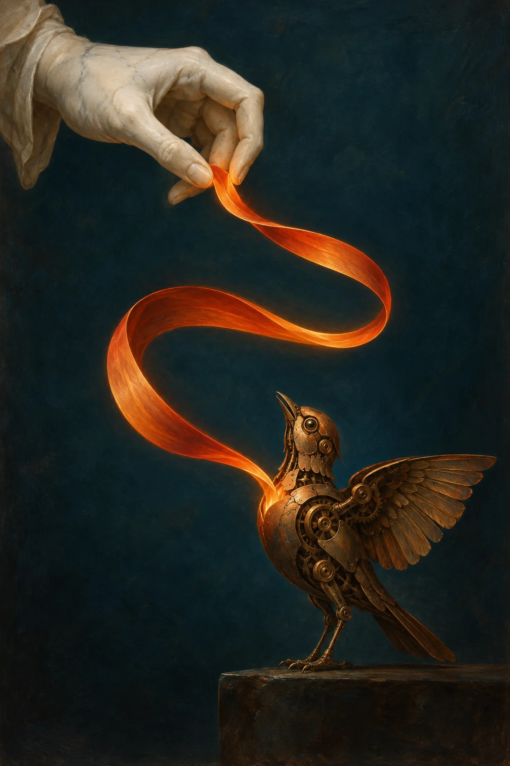 A marble hand stealing an orange ribbon of movement from a mechanical bird.